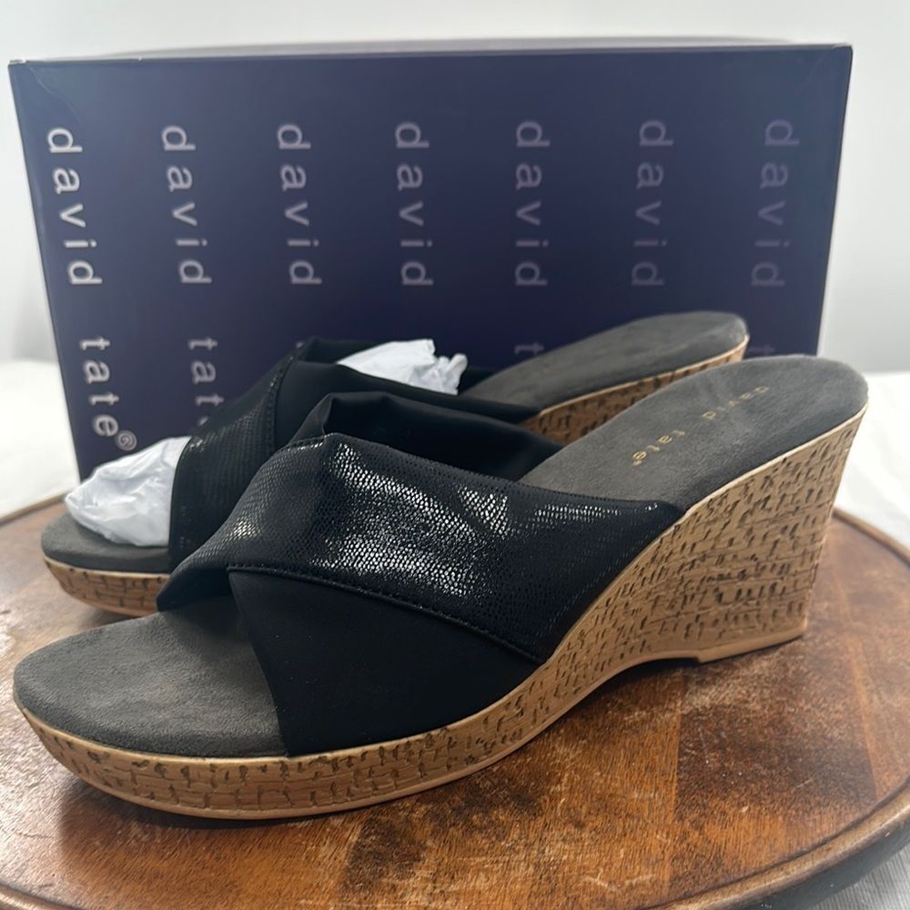 David Tate Sandals Womens 11M Perfect Black Lizard Part Micro Wedge Shoes